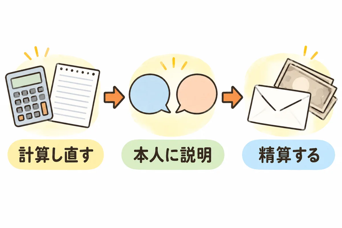 左から右へ、電卓とメモの絵、向かい合った2つの吹き出しの絵、封筒とお札の絵が矢印でつながり、それぞれの下に「計算し直す」「本人に説明」「精算する」のラベルがある図
