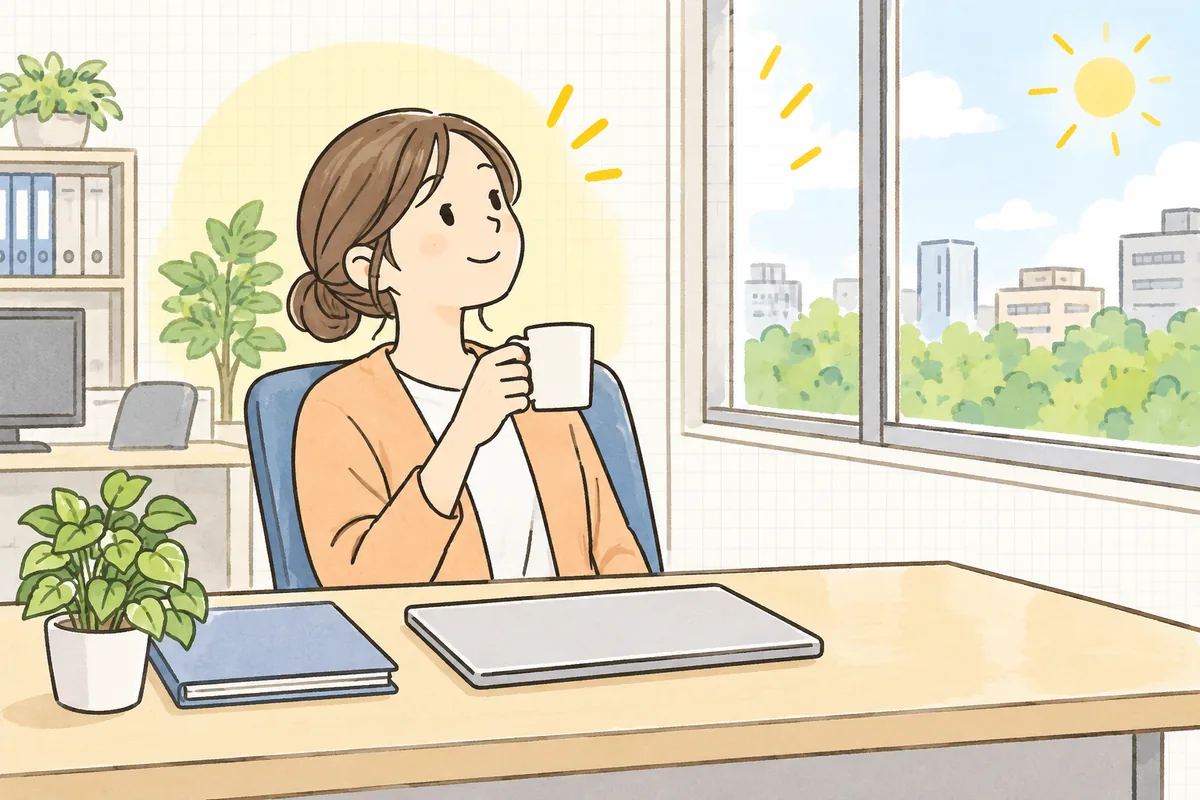 明るい事務所で、精算を終えた経理担当者が、ほっとした表情で窓の外を見ながら温かい飲み物を手にひと息ついている