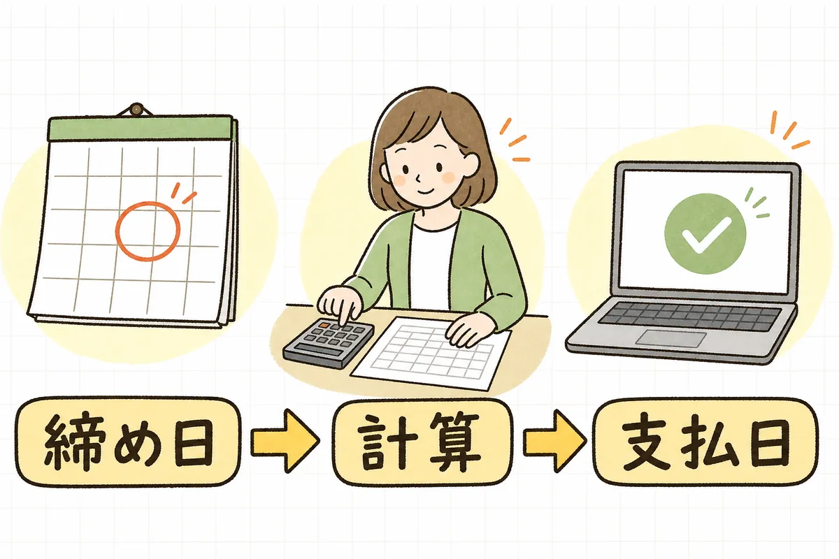 左に締め日の印をつけたカレンダー、中央に勤怠表と電卓で給与を計算する経理担当者、右に給与の振込を終えたパソコン画面を並べ、締め日から支払日までの流れを左から右への矢印でつないだ図