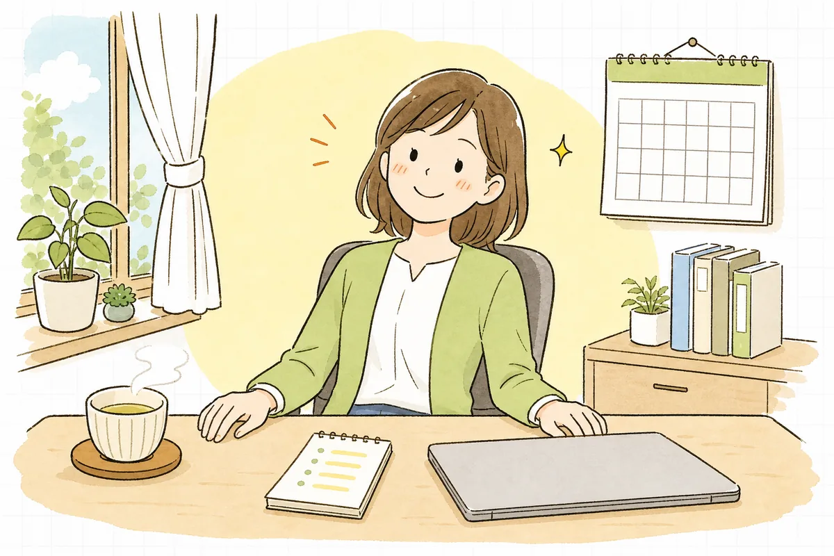 締め日と支払日の流れを書き出したメモを手元に置き、給与の振込準備を終えてほっとした表情のひとり経理の担当者