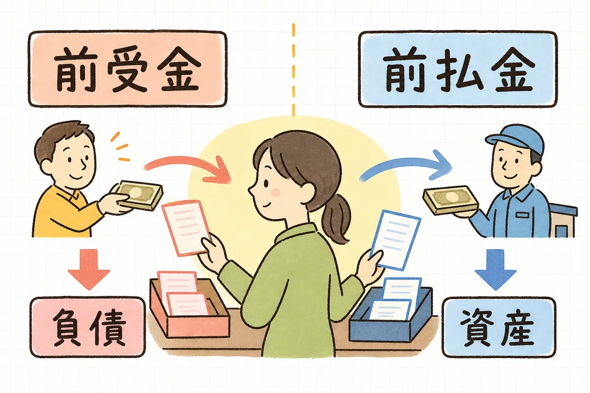 先に代金を受け取ったら前受金（負債）、先に代金を払ったら前払金（資産）と、お金の向きで科目が決まることを左右に分けて示した図