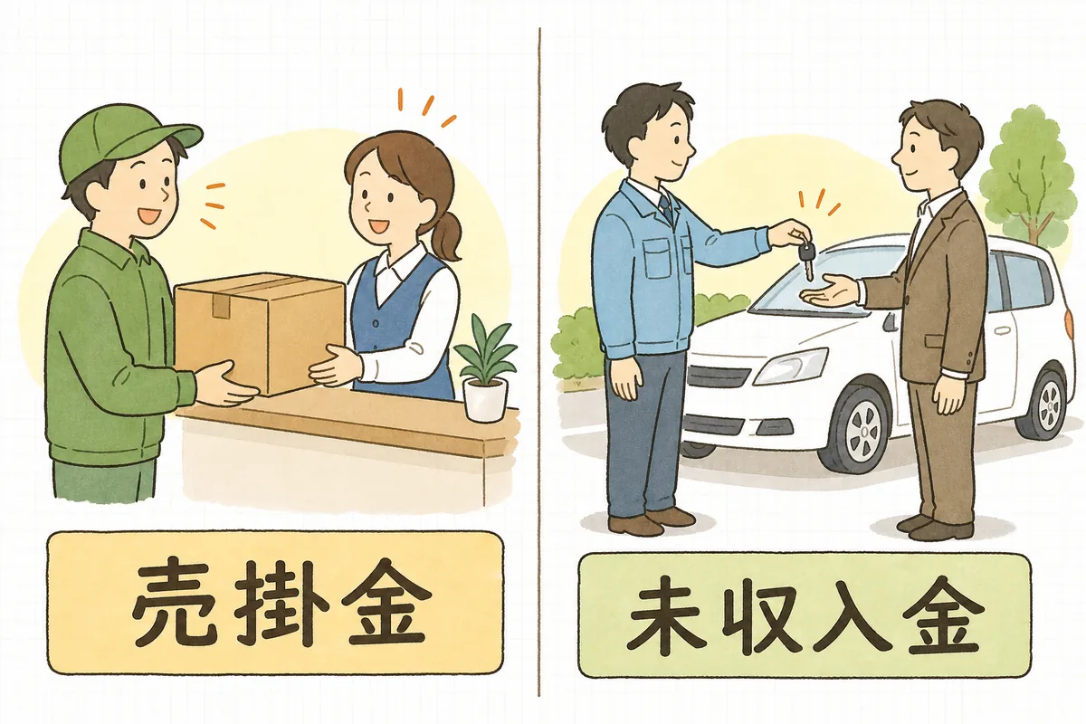 左に本業の商品を段ボールで取引先に納品する場面と「売掛金」のラベル、右に社用車を中古車の買取業者に引き渡す場面と「未収入金」のラベルを並べた比較図