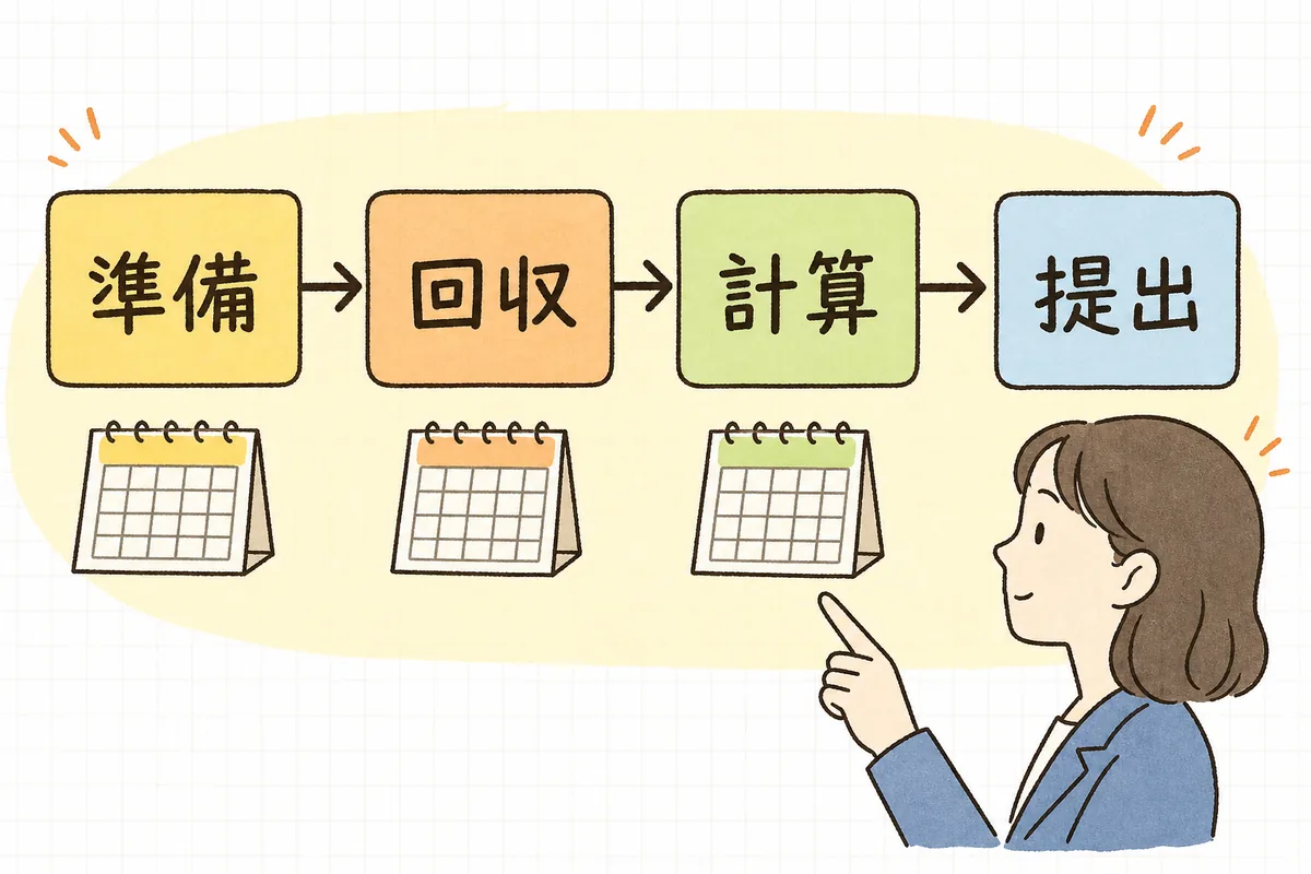 10月は準備、11月は回収、12月は計算と精算、翌年1月は提出、という年末調整の流れを左から右へ時系列で並べた図
