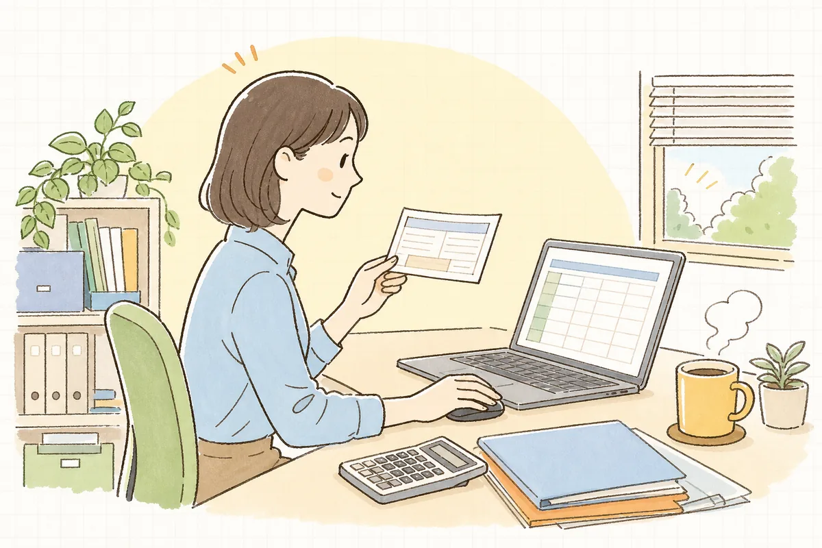 中途入社した従業員から預かった前の会社の源泉徴収票と、自社の給与データを見比べながら確認しているひとり経理の担当者
