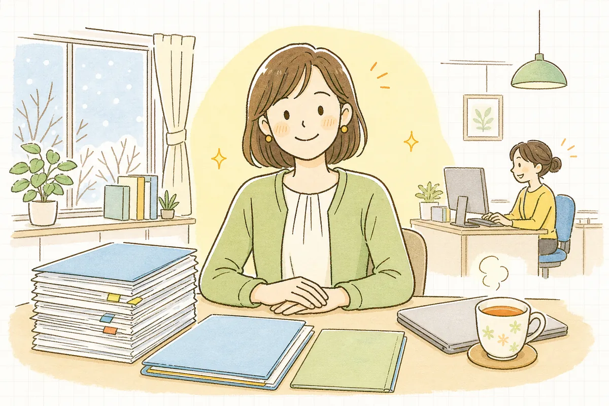 前の会社の分も含めて1年分の年末調整がまとまり、そろった書類を前にほっとした表情でひと息ついているひとり経理の担当者
