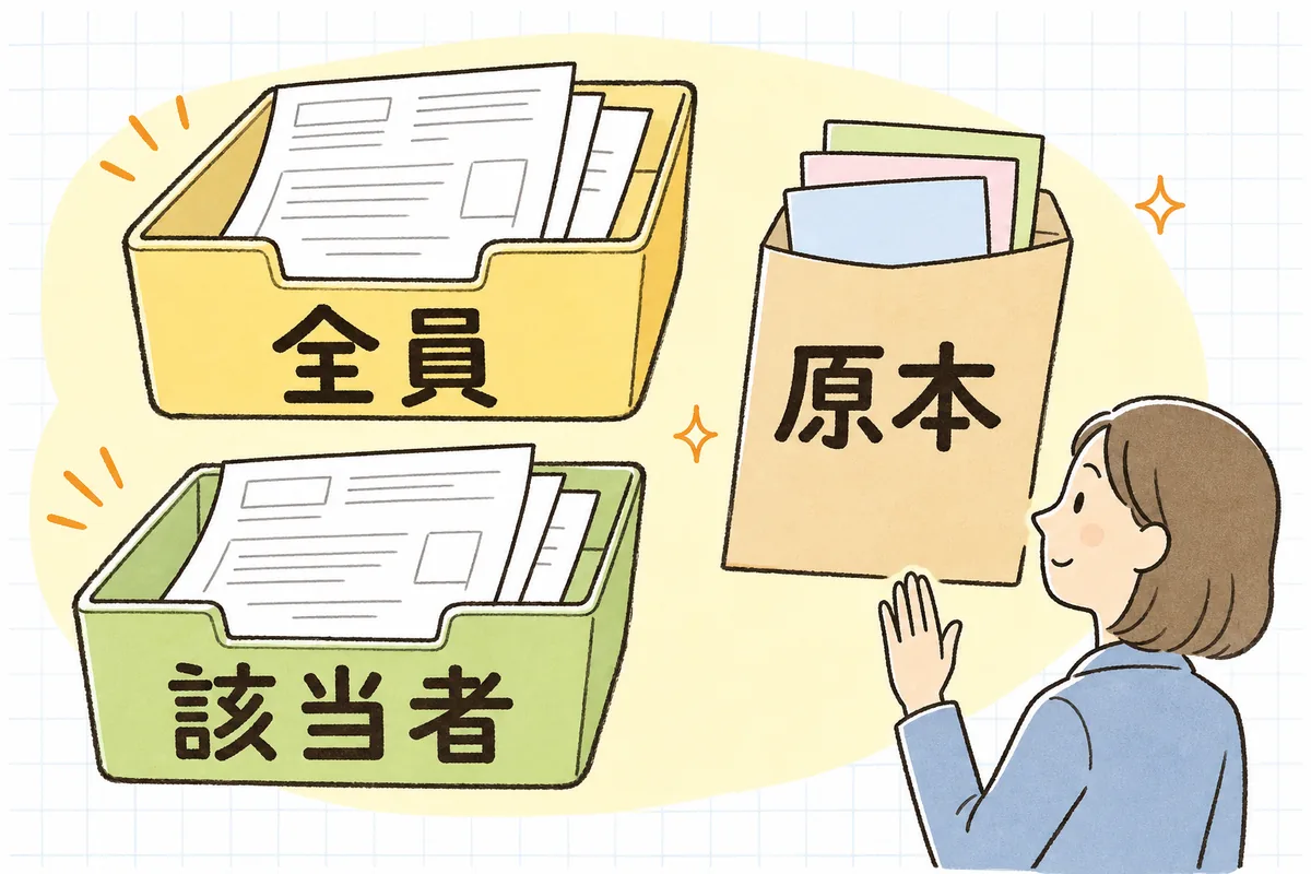 年末調整の書類を「全員が出すもの」と「該当者だけが出すもの」の2つのトレイに仕分けし、証明書は原本を添える流れを示した図