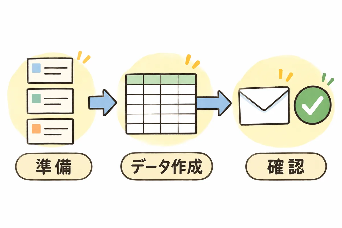 左から右へ、取引先カードを並べて整理する絵、表計算の一覧表から1本の矢印が出ている絵、送信済みの封筒と大きなチェックマークの絵が矢印でつながり、それぞれの下に「準備」「データ作成」「確認」のラベルがある図