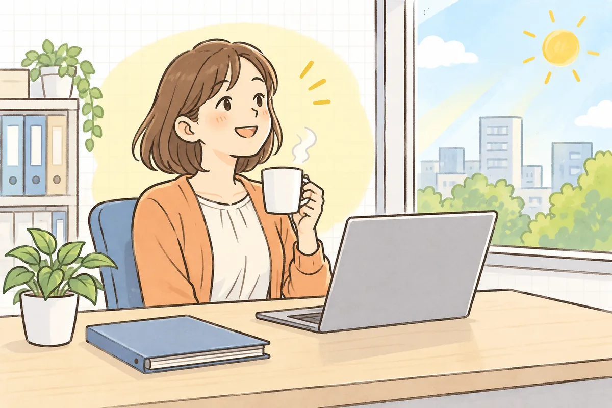夕方前の明るい事務所で、ノートパソコンの画面を確かめ終えて、ほっとした笑顔でマグカップを手にするひとり経理の担当者