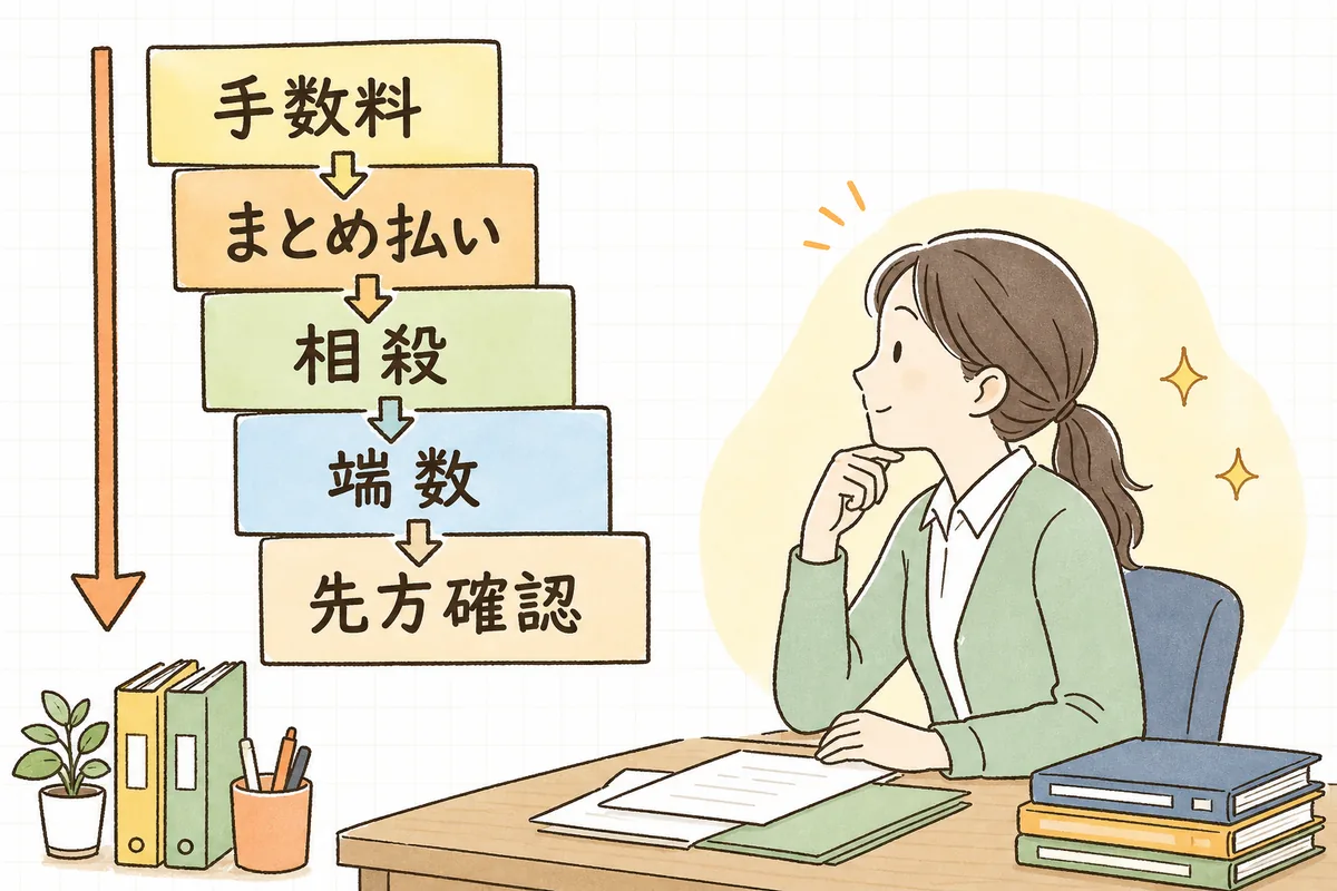 入金差額の原因を手数料・まとめ払い・相殺・端数・先方確認の順に上から確認していく流れの図
