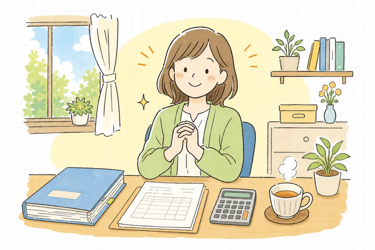 労働保険の年度更新の申告を終え、賃金台帳と申告書を片づけて落ち着いた表情のひとり経理の担当者