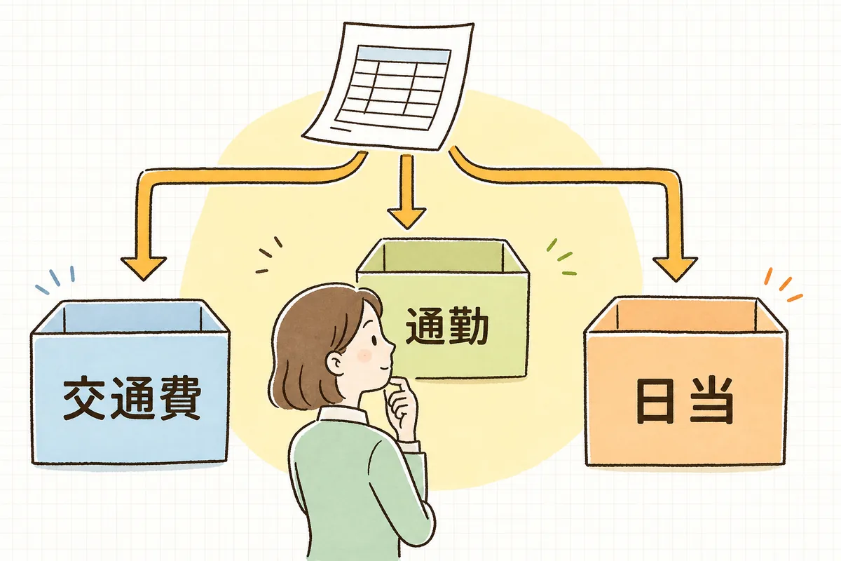 一枚の精算書を業務の移動費か通勤か日当かで振り分ける判断の図