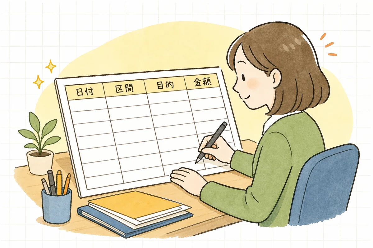 領収書がない電車代を日付と区間と目的と金額を書いた交通費精算書に残す様子の図