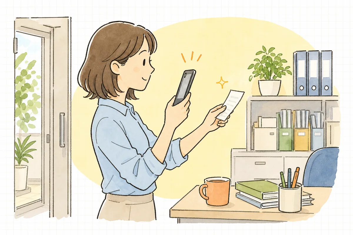 出先で受け取った紙の領収書を、その場でスマホのカメラで撮影して保存しているひとり経理の担当者