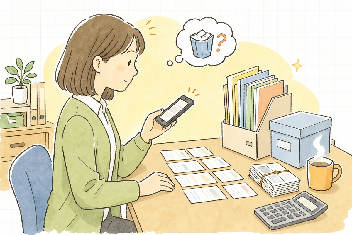 紙の領収書をスマホで撮影してデータ化しながら、原本を捨てていいのか少し迷っているひとり経理の担当者