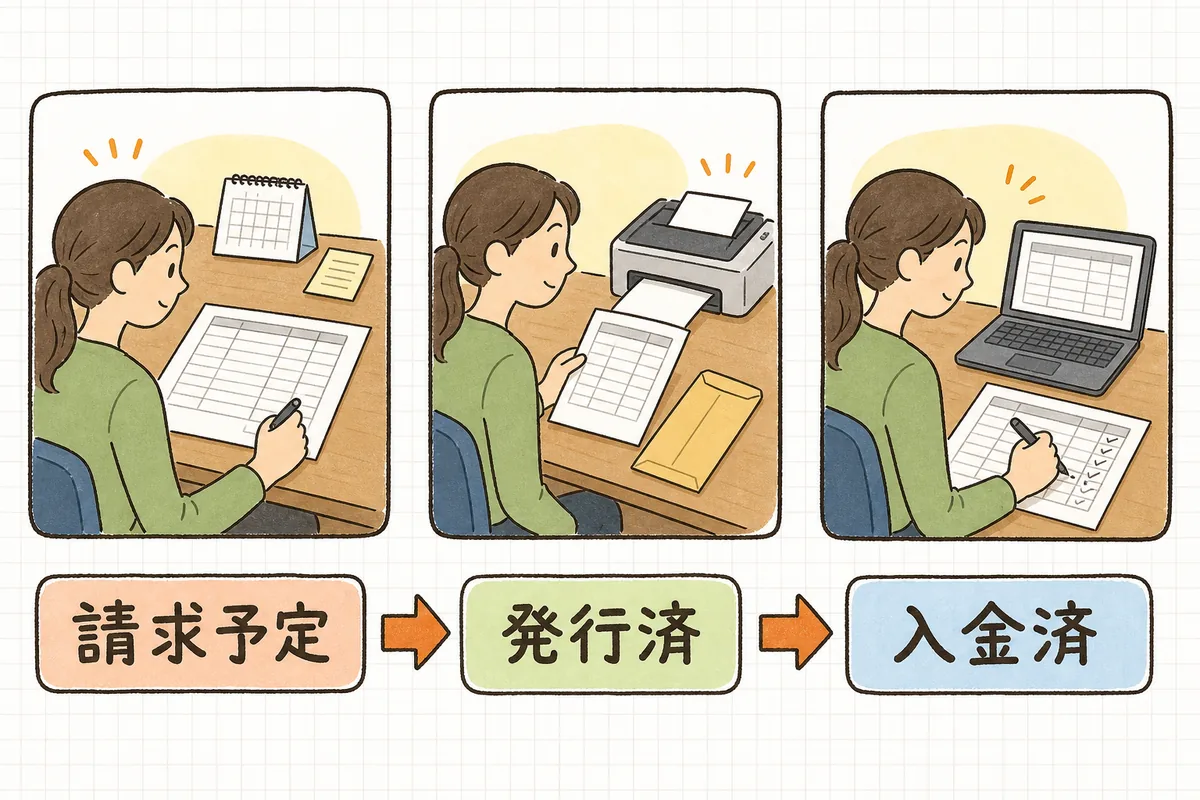 請求管理表の1行が、請求予定・発行済・入金済の3つの状態を順番に進んでいく流れを示した図