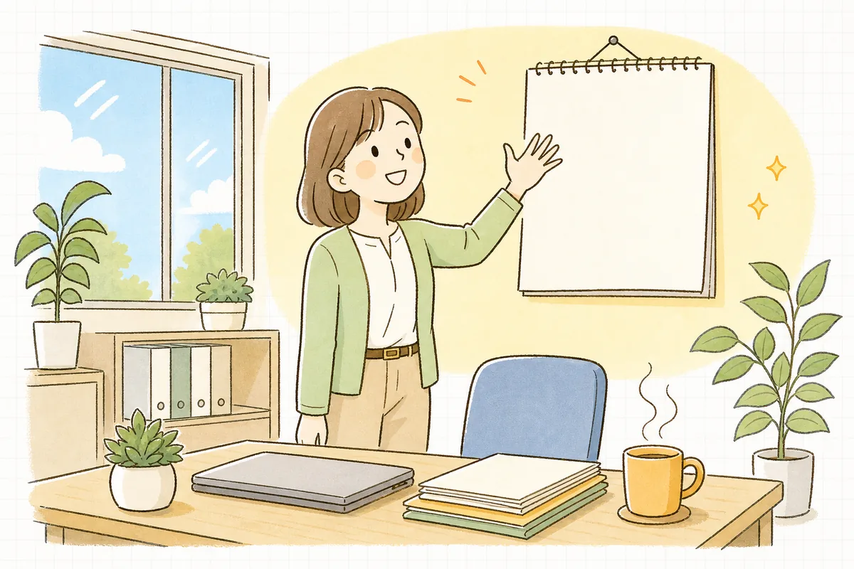 朝の明るい事務所で月末の請求業務を終え、肩の力が抜けた穏やかな表情でカレンダーの前に立っているひとり経理の担当者