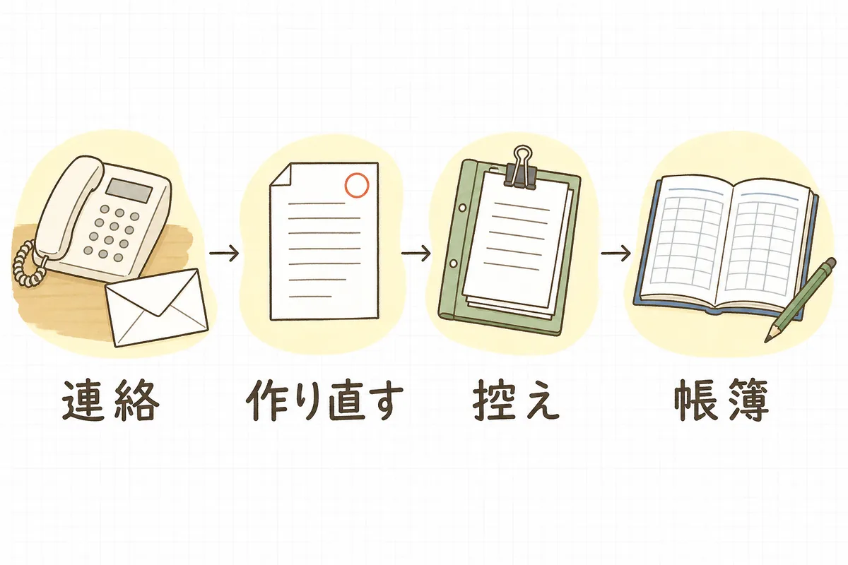 請求書の誤りに気づいてから直し終えるまでの4つの動き（相手に連絡・修正版を作る・両方の控えを残す・帳簿を直す）を左から順に並べた図
