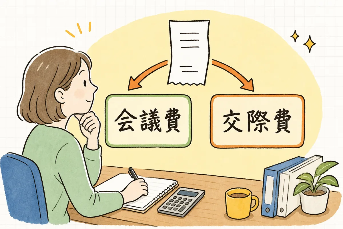 飲食の支出を「誰と」「何のために」の2つの軸で見て会議費か接待交際費かに振り分ける判断の図