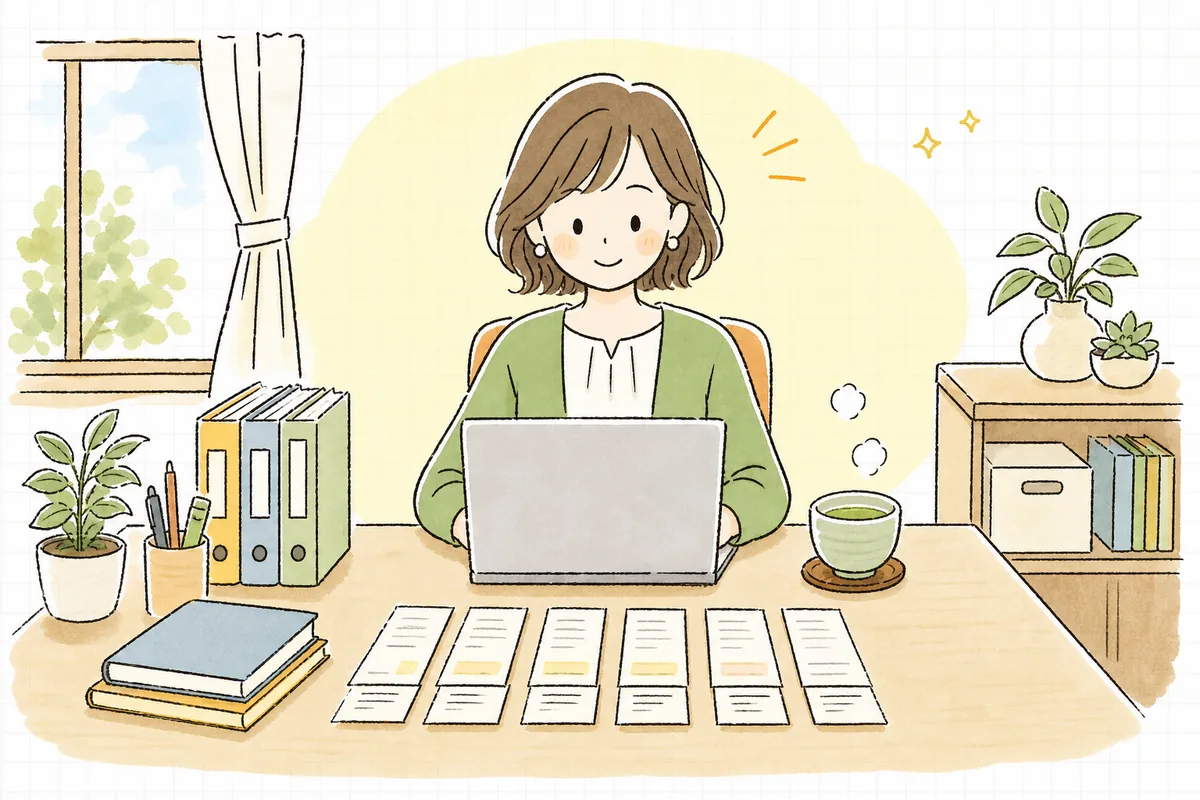 領収書に相手と目的をメモし終え、科目の迷いを残さず処理を進められて落ち着いた表情のひとり経理の担当者