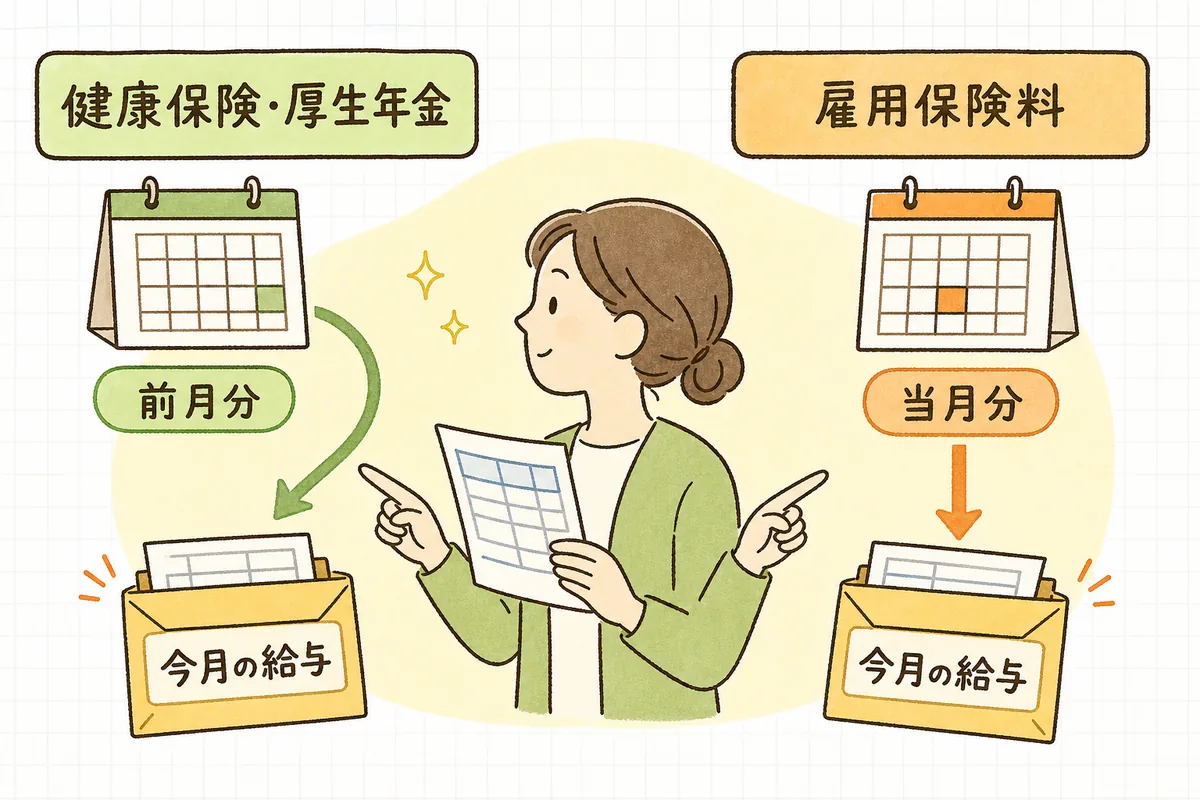 健康保険・厚生年金は前月分を翌月の給与から引き、雇用保険料はその月の給与から当月分を引くという控除タイミングの違いを左右に並べた図