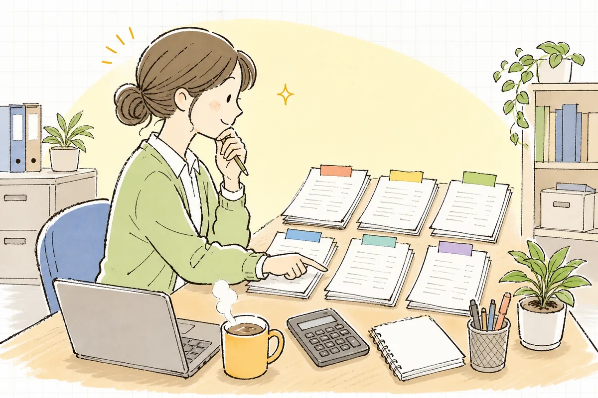取引先ごとに違う締め日と支払日をカレンダーで確かめ、いついくら出ていくのかを整理しているひとり経理の担当者