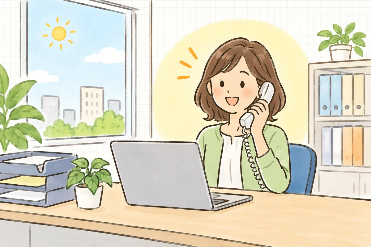 明るい事務所で、経理担当者がノートパソコンの前で電話を受けながら、ほっとした笑顔でうなずいている