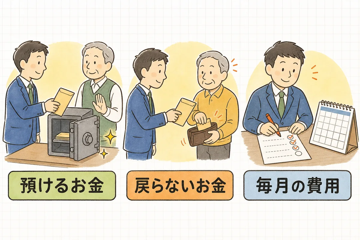 事務所を借りたときに払うお金を、預けるお金・戻らないお金・毎月の費用の3つに分けて示した図