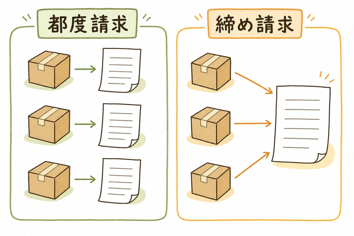 左側は納品のたびに請求書が1枚ずつ出ていく都度請求、右側は複数の納品書が1枚の請求書にまとまっていく締め請求を、左右に並べて比べた図