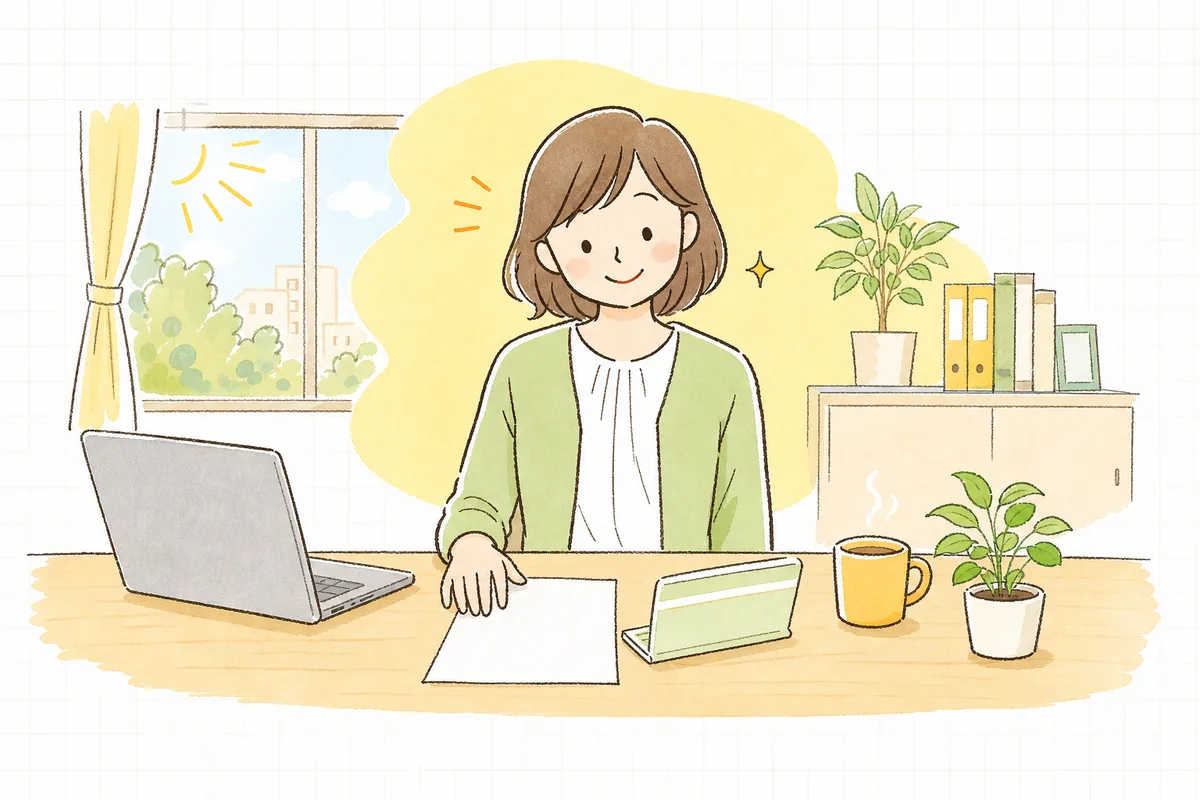 1枚にまとまった請求書の控えと通帳を見比べて、金額がぴったり合ったことにほっとして笑顔を見せるひとり経理の担当者