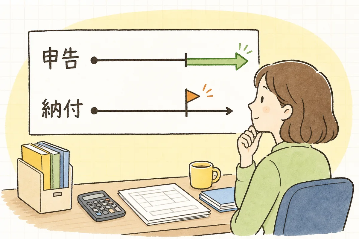 申告期限は延長できても納付期限は原則延ばせないことを、2本の時間軸で対比した図