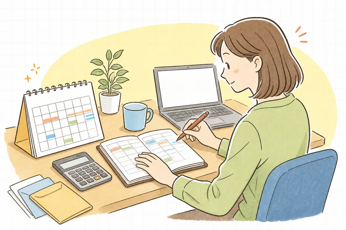 手帳のカレンダーに申告と納付の期限を書き込みながら、期限までの段取りを確かめているひとり経理の担当者