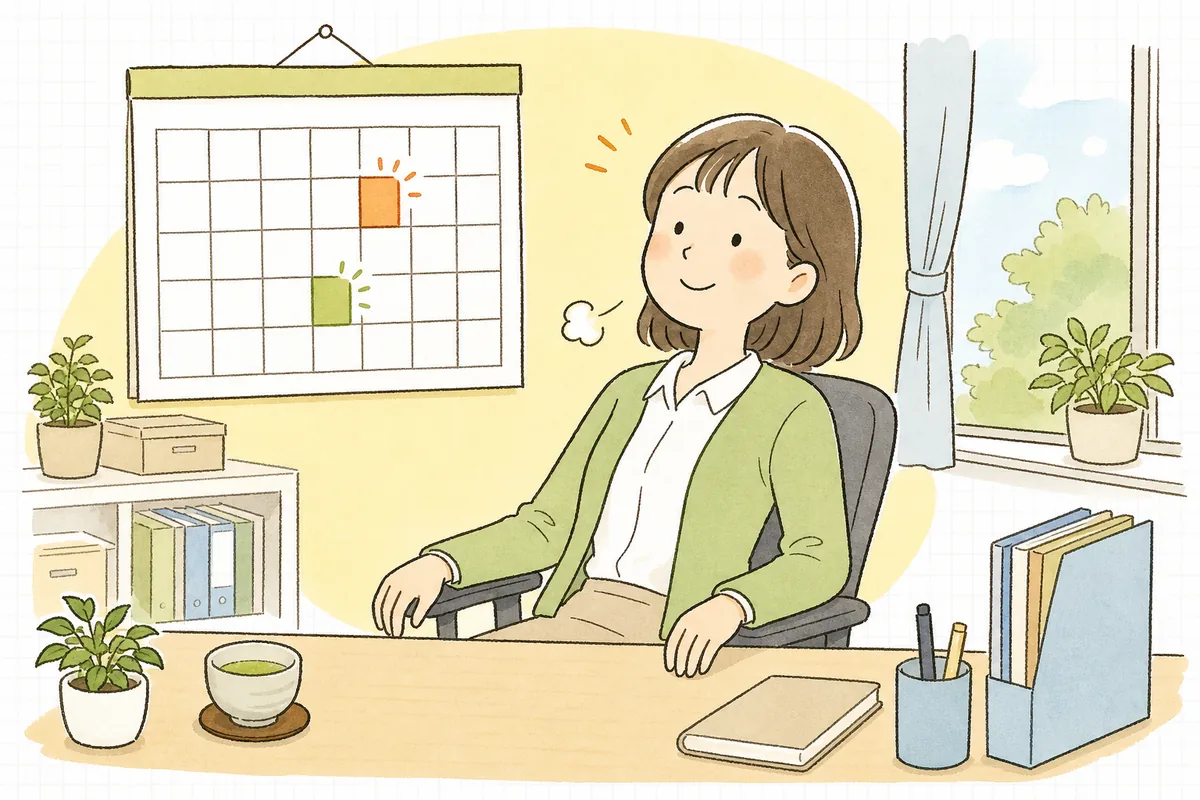 申告と納付の期限をカレンダーに書き終え、見通しが立って穏やかにひと息ついているひとり経理の担当者