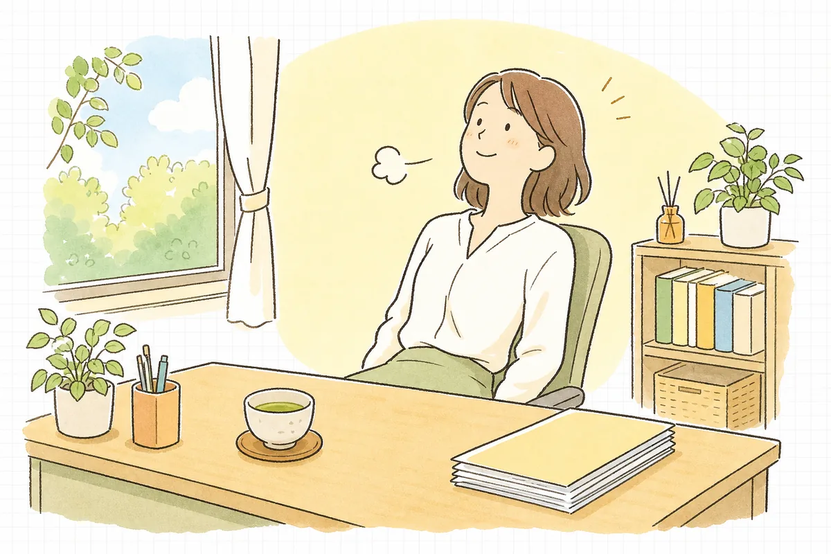 試算表の確認を終えて、窓の外の明るい景色を見ながらほっと一息つくひとり経理の担当者