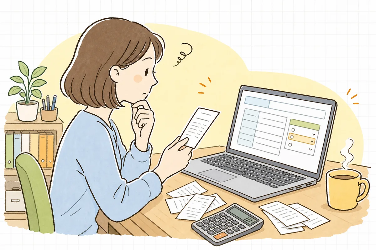 会計ソフトの入力画面で、目の前の領収書がどの消費税区分になるのか手を止めて考えているひとり経理の担当者
