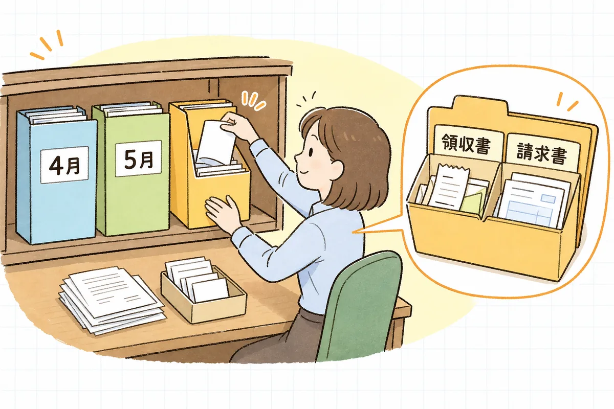 証憑を月ごと・種類ごとに分けて収めるファイリングの考え方を、棚に並んだ月別フォルダとして表した図
