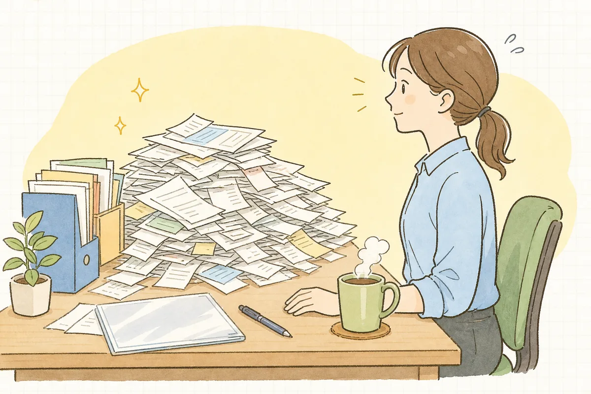 机の上に積み上がった領収書やレシートの山を前に、どこから手をつけようか少し途方に暮れながらも整理を始めようとしているひとり経理の担当者