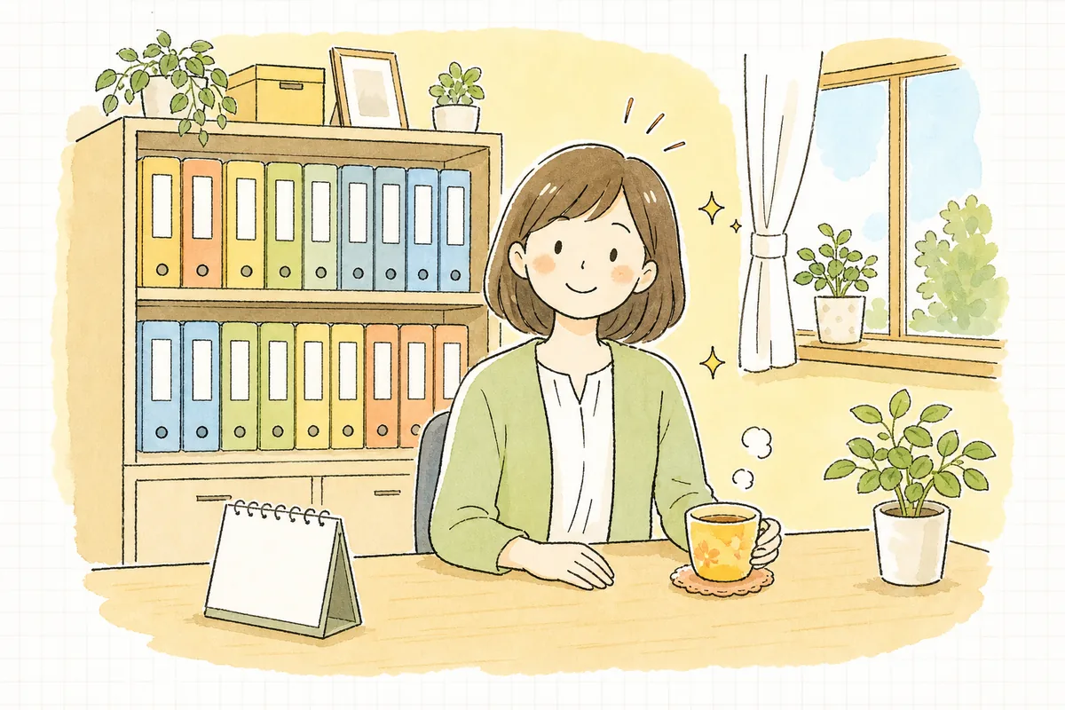 月別に整理し終えた証憑ファイルが棚にきれいに並び、探し物の不安が消えて肩の力が抜けたひとり経理の担当者