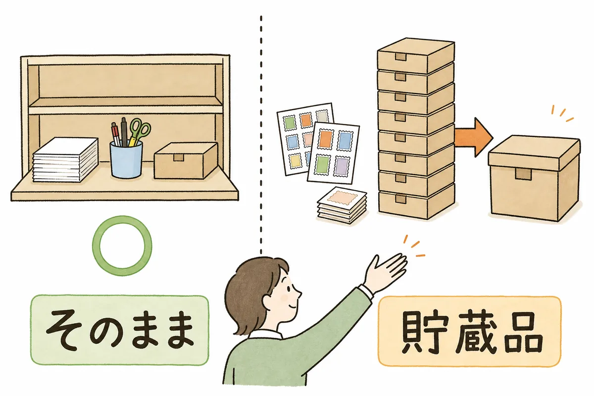 左の列にふだんどおり使うコピー用紙と文具の在庫、右の列に未使用の切手・収入印紙と山積みの未開封トナーの箱を並べ、左はそのまま、右は貯蔵品に振り替えることを示す仕分けの図