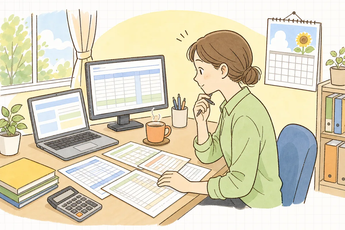 夏の賞与の計算で、賞与明細のひな型と保険料額表・源泉徴収税額表を見比べ「引く数字はこれで合っているか」と確かめているひとり経理の担当者