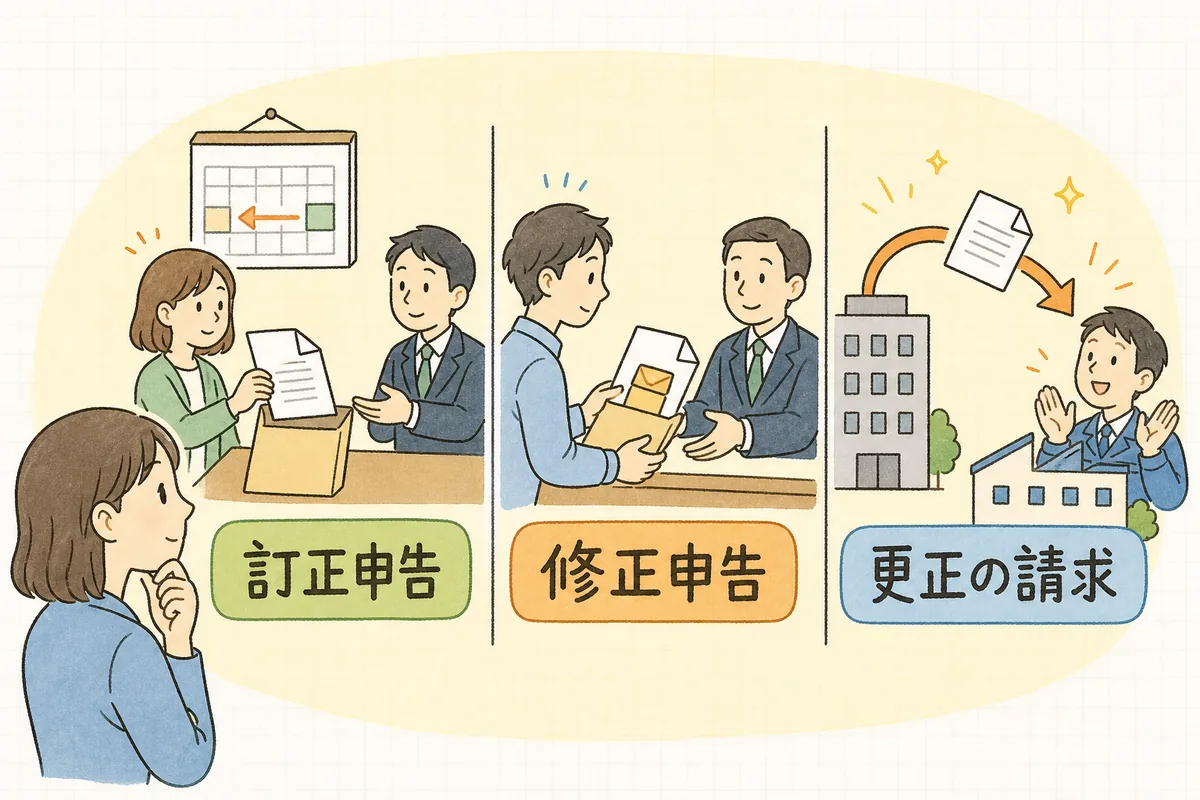 申告の間違いに気づいたとき、期限内なら訂正申告、税金が少なすぎたなら修正申告、多すぎたなら更正の請求へ進むという3つの分かれ道を示した図