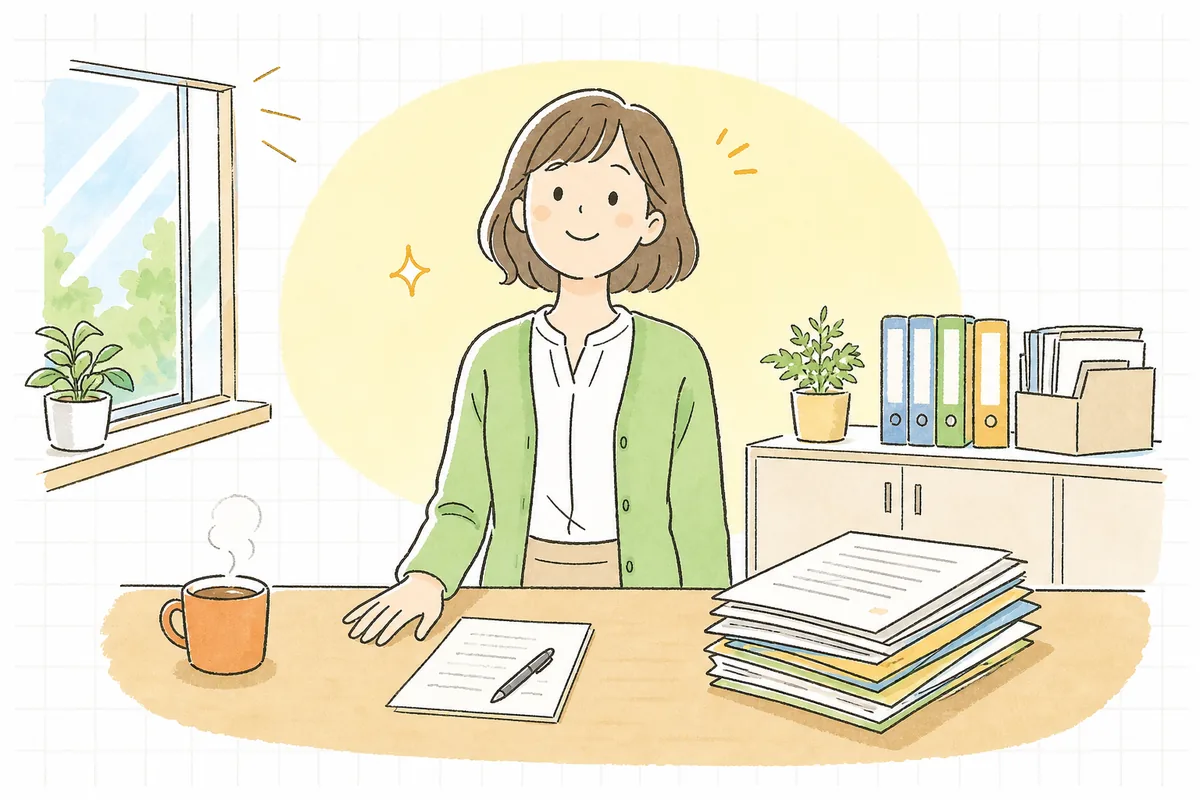 間違いの内容と対応方針をまとめたメモを机に置き、直す道筋が見えて肩の力が抜けた表情のひとり経理の担当者