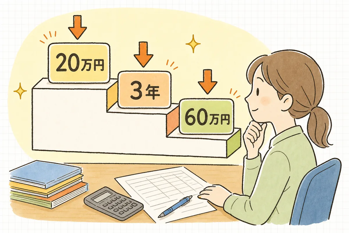一件20万円未満・おおむね3年周期・60万円未満または前期末取得価額の10%以下という順で修繕費と判断できる目安を示した図