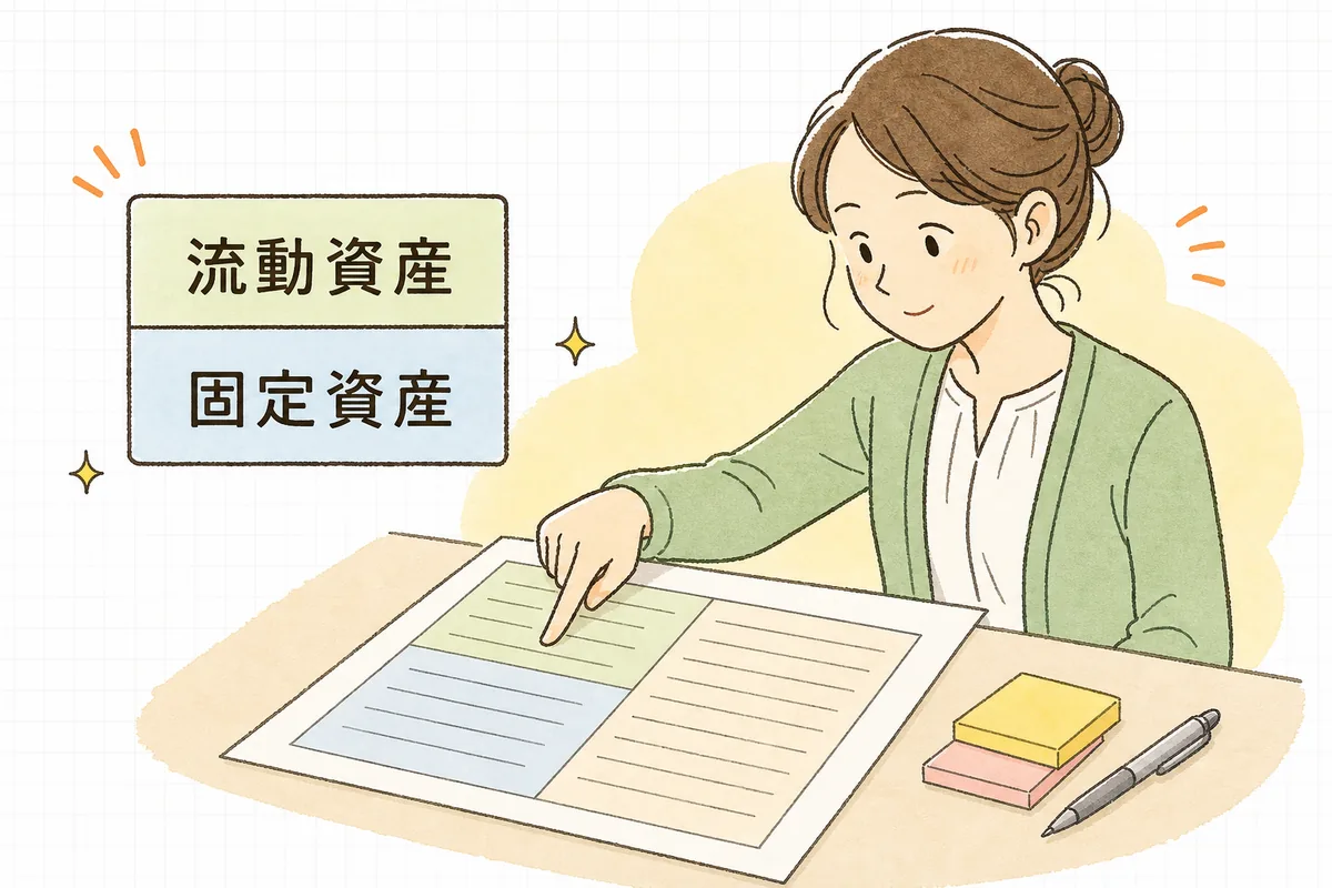 左側の資産が、現金預金や売掛金などの流動資産と、建物や機械などの固定資産に分かれて上から並ぶ様子を示した図
