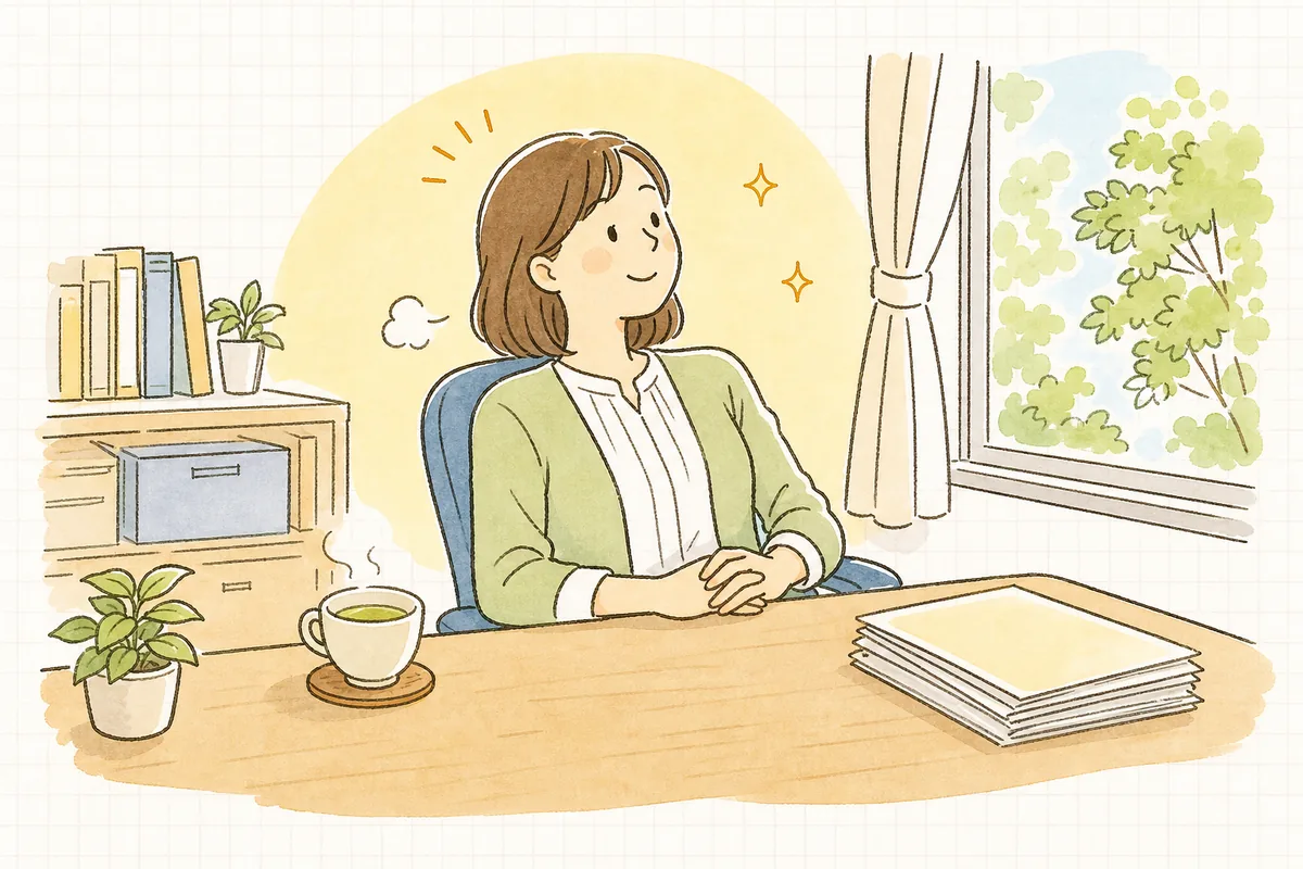 貸借対照表の確認を終えて、窓の外の明るい景色を見ながらほっと一息つくひとり経理の担当者