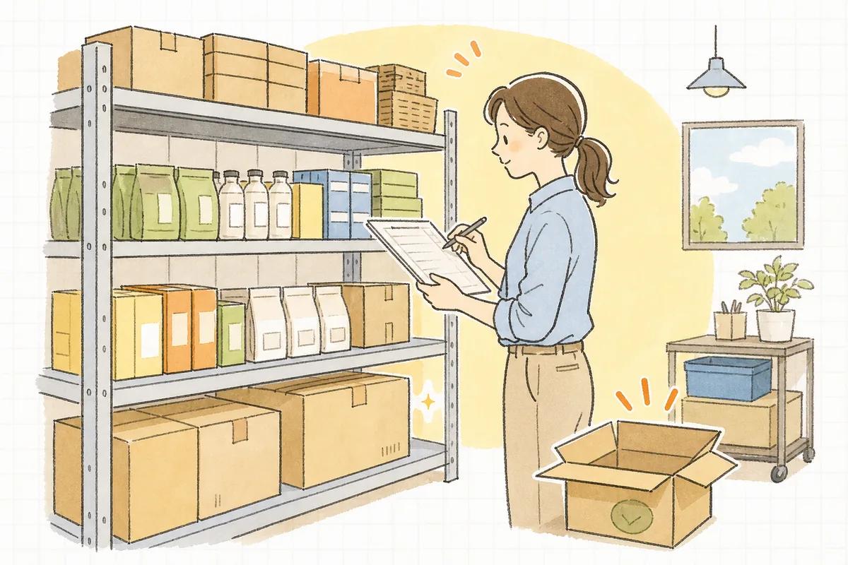 倉庫の棚の前でカウント表とペンを持ち、在庫を一つずつ数えて確かめているひとり経理の担当者