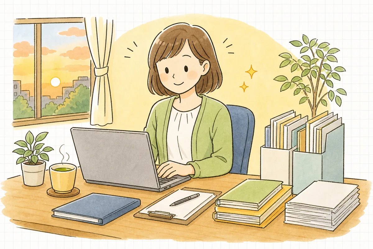 棚卸表に数字を書き終え、決算に向けて在庫が確定して肩の力が抜けた表情のひとり経理の担当者