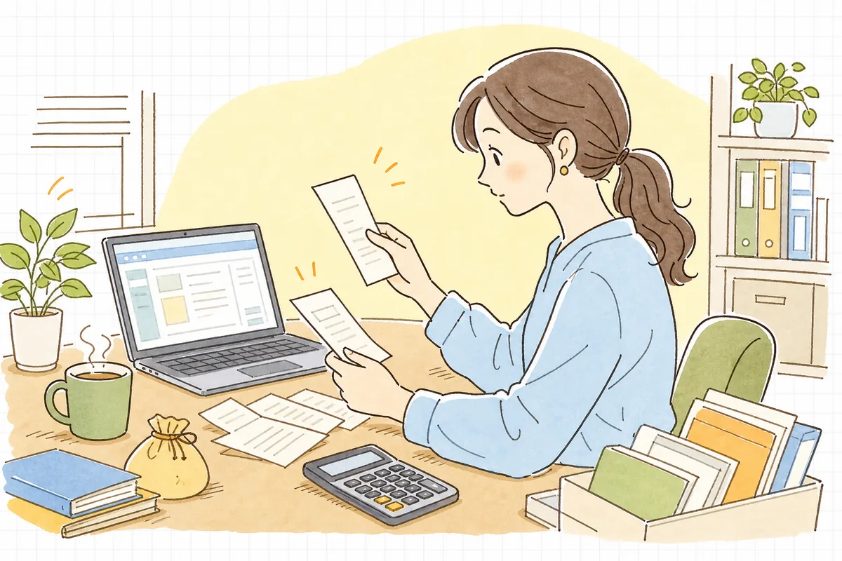 従業員が立て替えた領収書と仮払金の精算書を前に、立替金か仮払金かどちらで処理するか確かめながら会計ソフトに向かうひとり経理の担当者