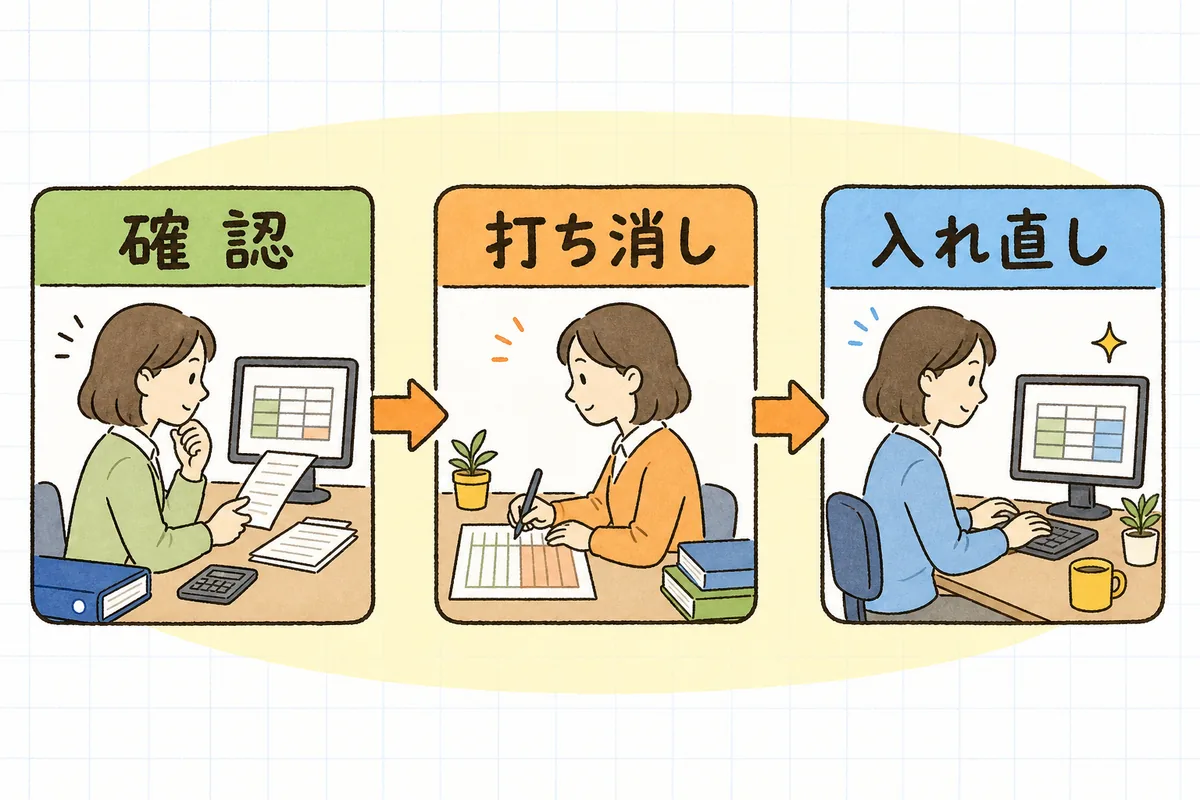 間違えた仕訳を確認し反対仕訳で打ち消して正しい仕訳を入れ直すまでの手順を左から右へ示した図