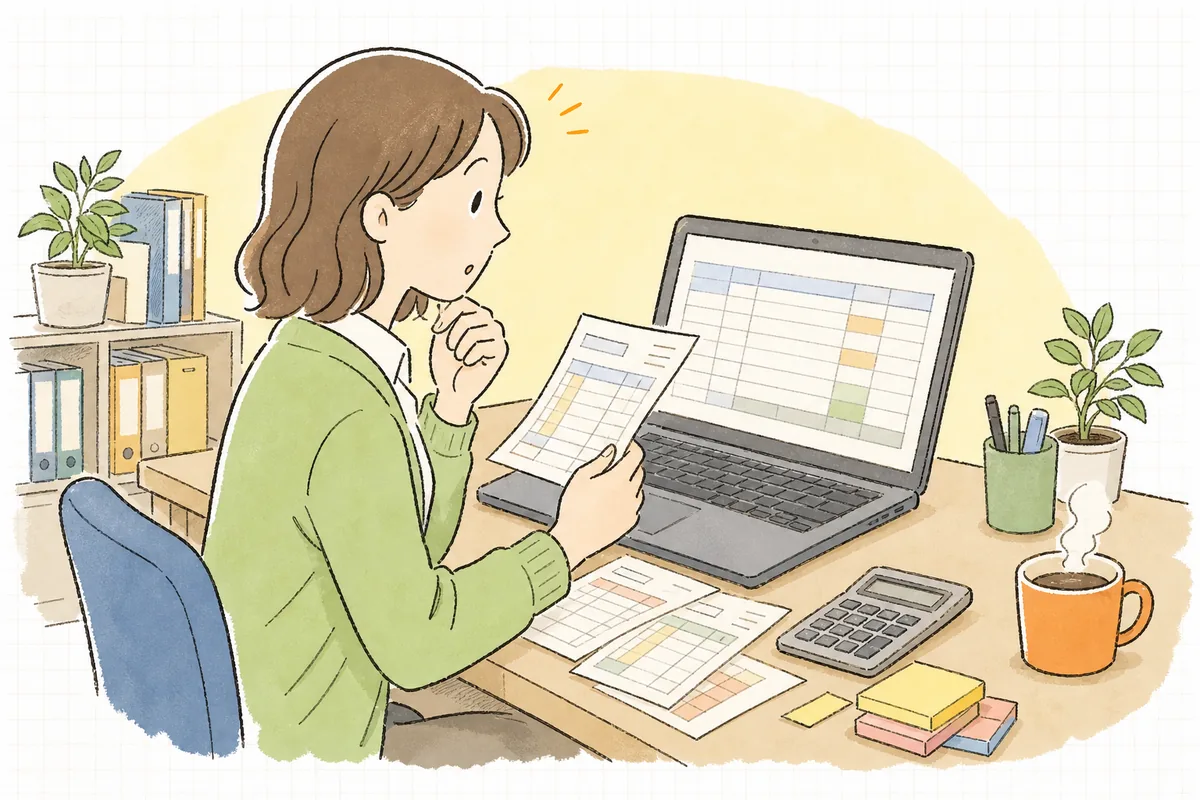 入力済みの仕訳の間違いに気づき、あわてず正しい直し方を確かめようとしているひとり経理の担当者