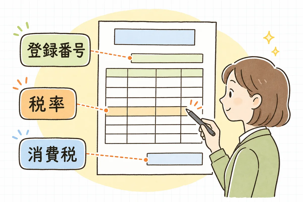 適格請求書に必要な6つの記載事項を、発行者と登録番号・日付・内容・税率ごとの合計・税率ごとの消費税額・相手の6項目として並べた点検図